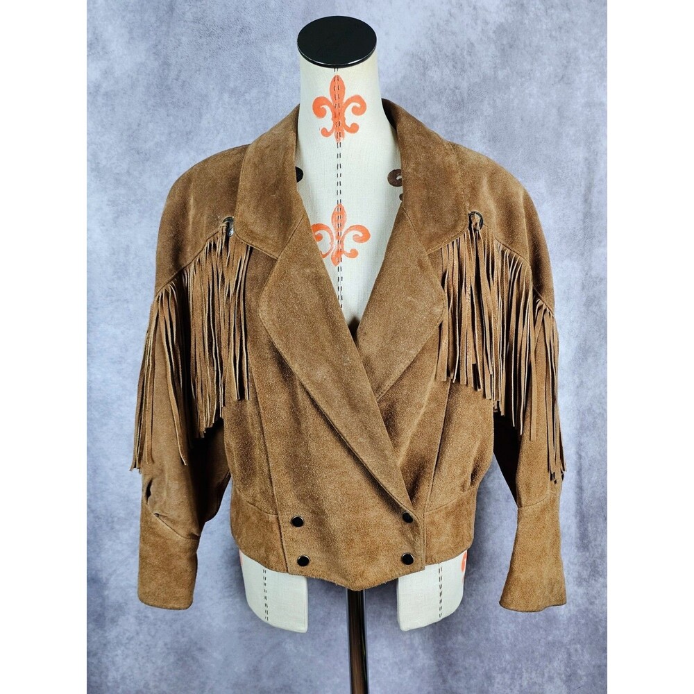RARE VTG 80s G4000 Genuine Leather Jacket Fringe Cowgirl Southwestern Sz L Brown